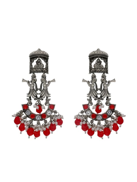 Oxidised Long Earrings in Red color - CNB18005