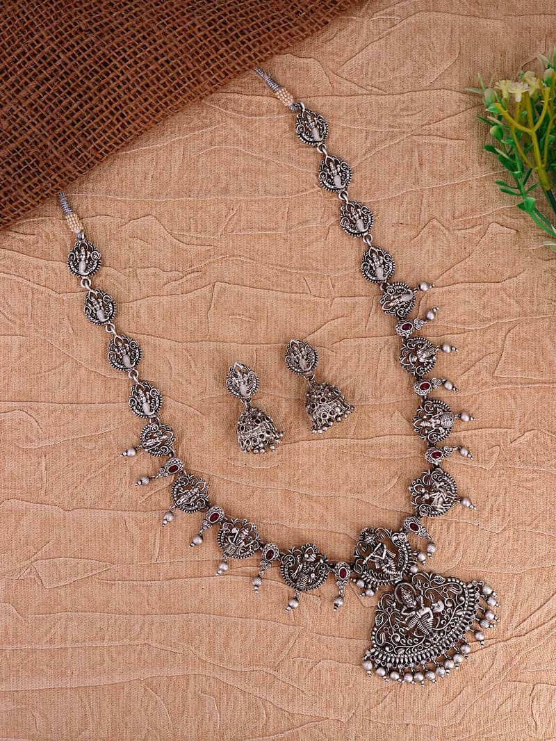 Temple Long Necklace Set in Oxidised Silver finish - RNK82