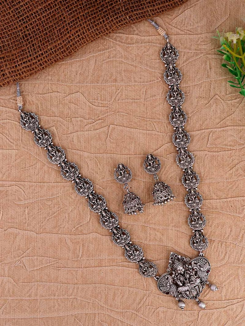 Temple Long Necklace Set in Oxidised Silver finish - RNK81