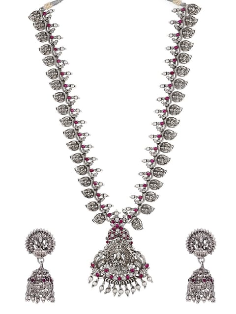 Temple Long Necklace Set in Oxidised Silver finish - RNK84