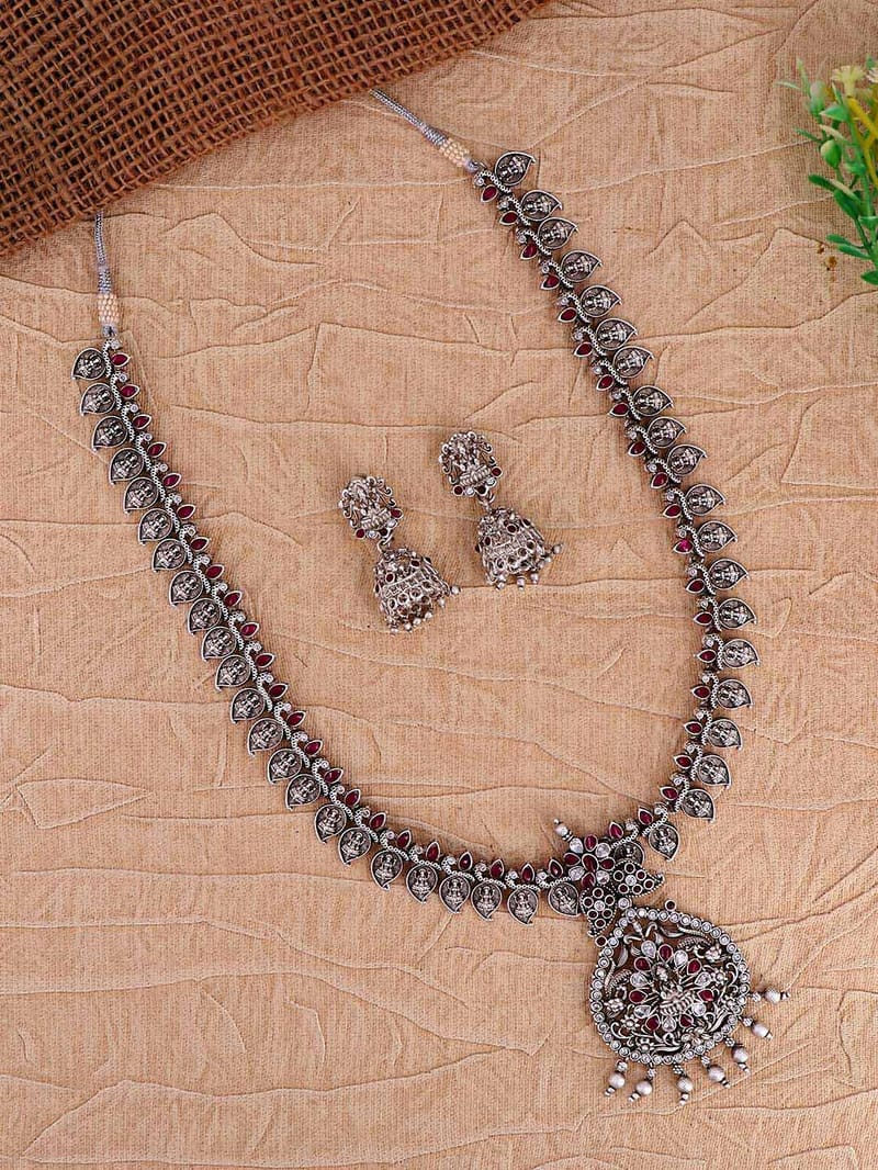 Temple Long Necklace Set in Oxidised Silver finish - RNK88