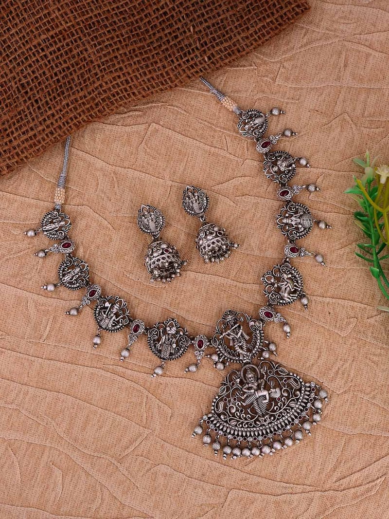Temple Necklace Set in Oxidised Silver finish - RNK97