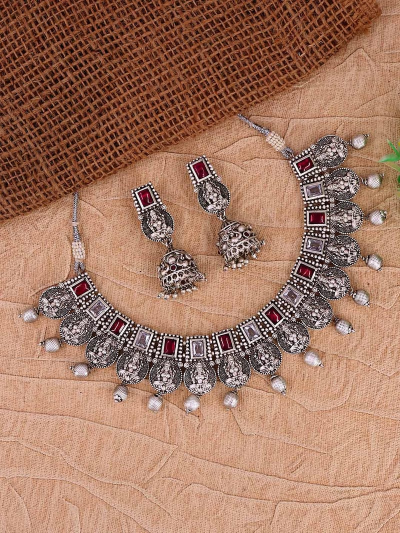 Temple Necklace Set in Oxidised Silver finish - RNK110