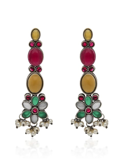 Oxidised Long Earrings in Ruby & Green color - CNB31534