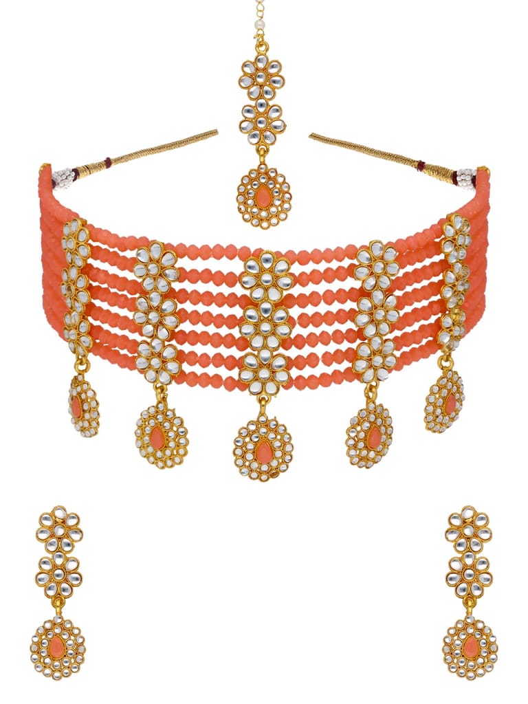 Kundan Choker Necklace Set in Peach color - PSR122