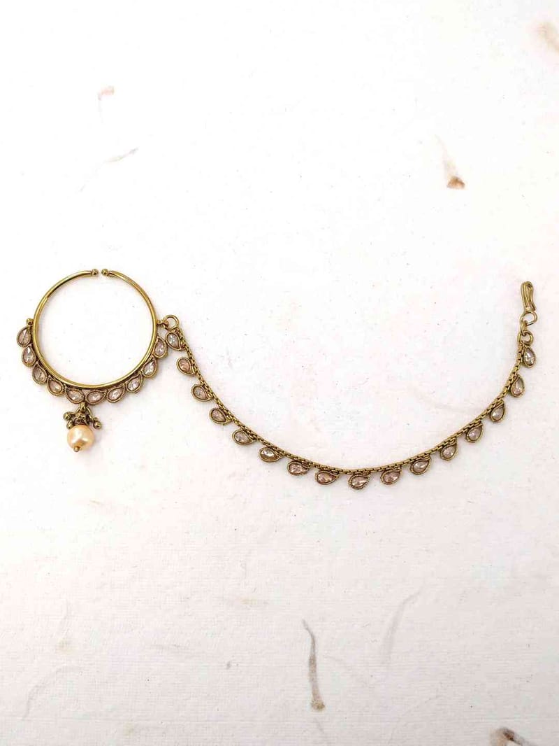 Antique Nose Ring with Chain in Mehendi finish - CNB2271