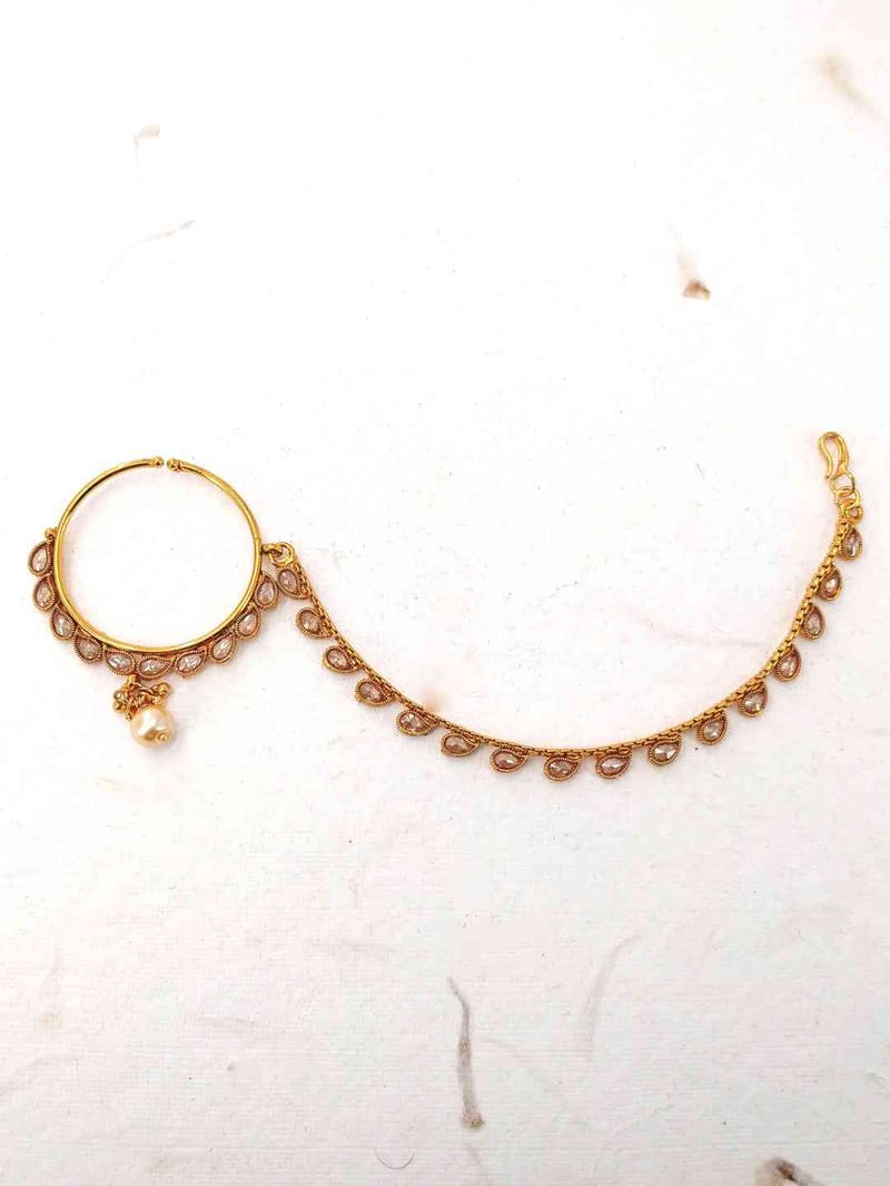 Antique Nose Ring with Chain in Gold finish - CNB2272