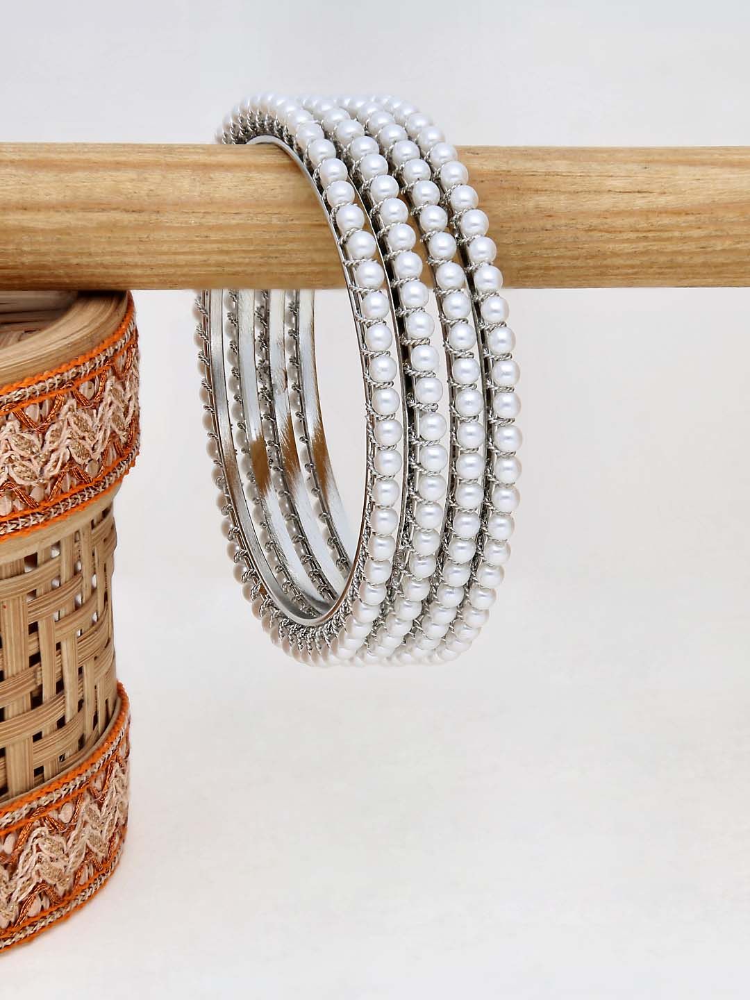 Pearls Bangles in Rhodium finish - 2.4