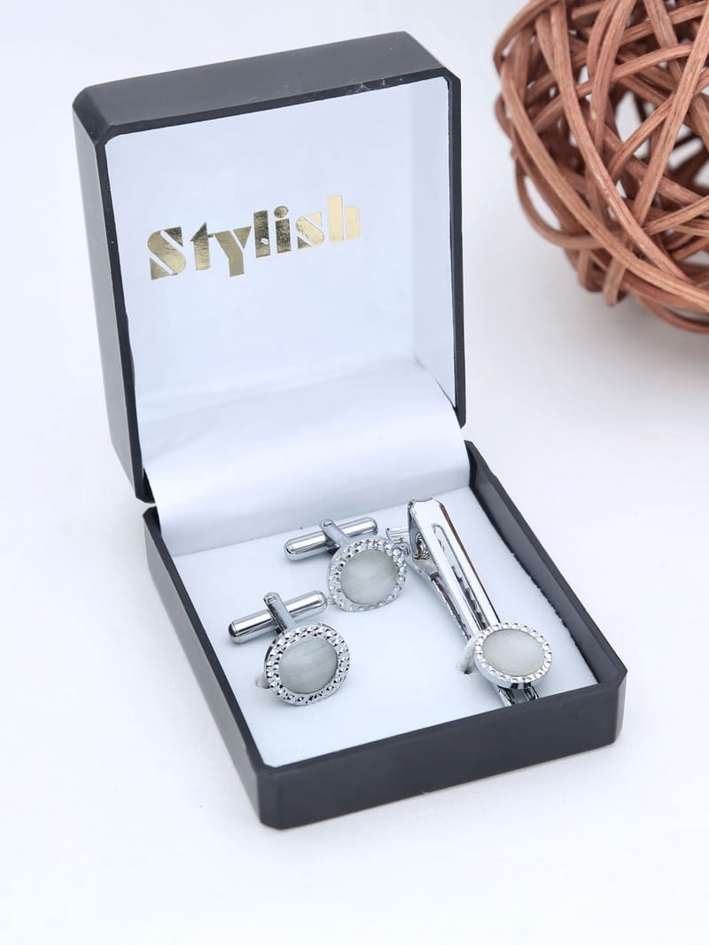 Cufflinks with Tie Clip in Rhodium finish - THF1526