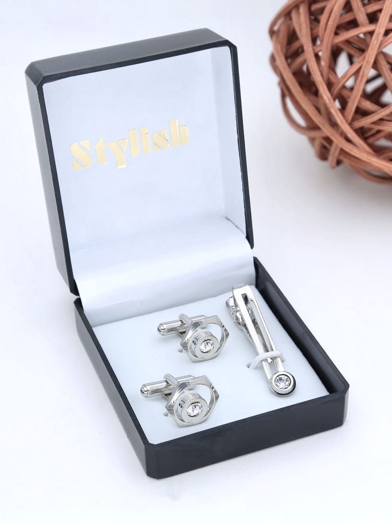 Cufflinks with Tie Clip in Rhodium finish - THF1527