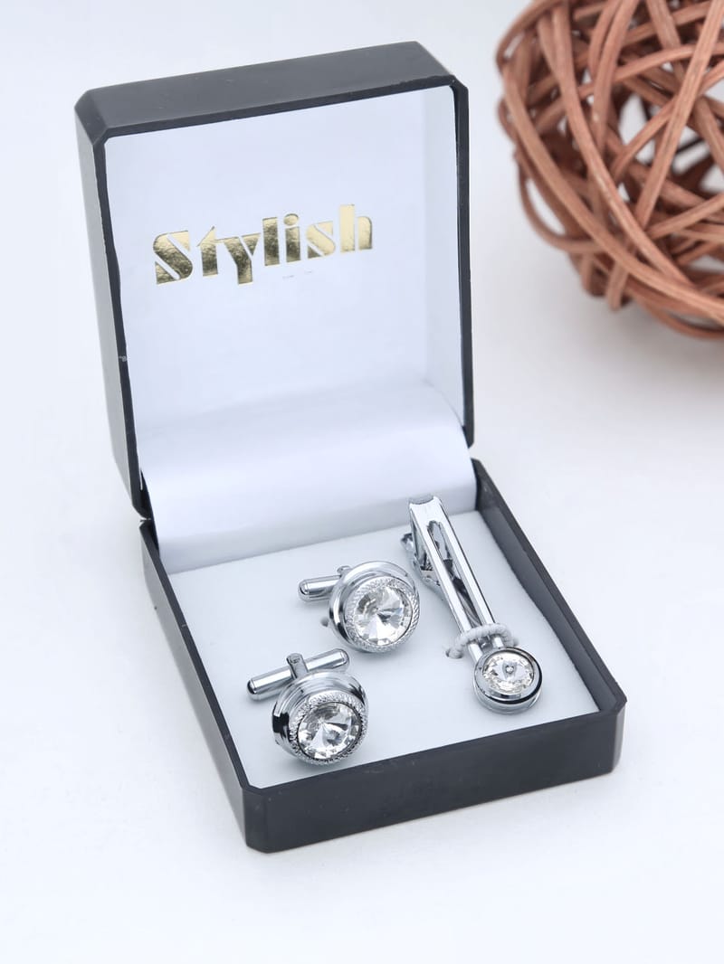 Cufflinks with Tie Clip in Rhodium finish - THF1530